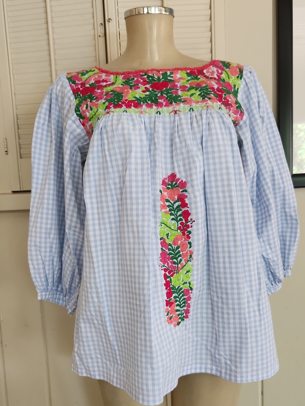 Mi Golondrina Light Blue Gingham Blouse with Pink & Green Floral Embroidery